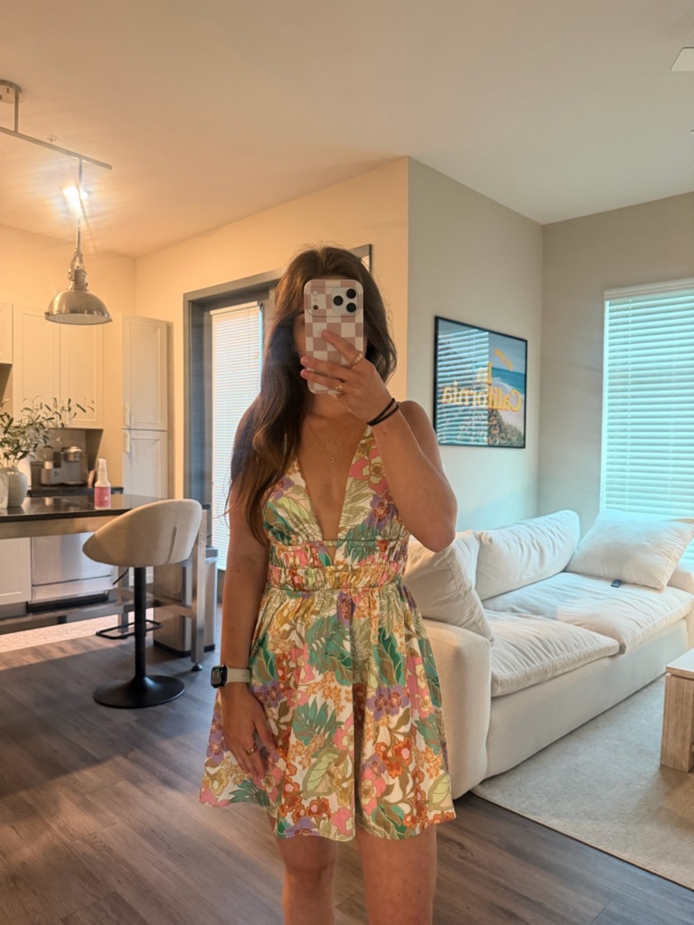 Beginning Boutique Floral Print Ruched Waist V-Neck Dress in Pink, Green & Gold